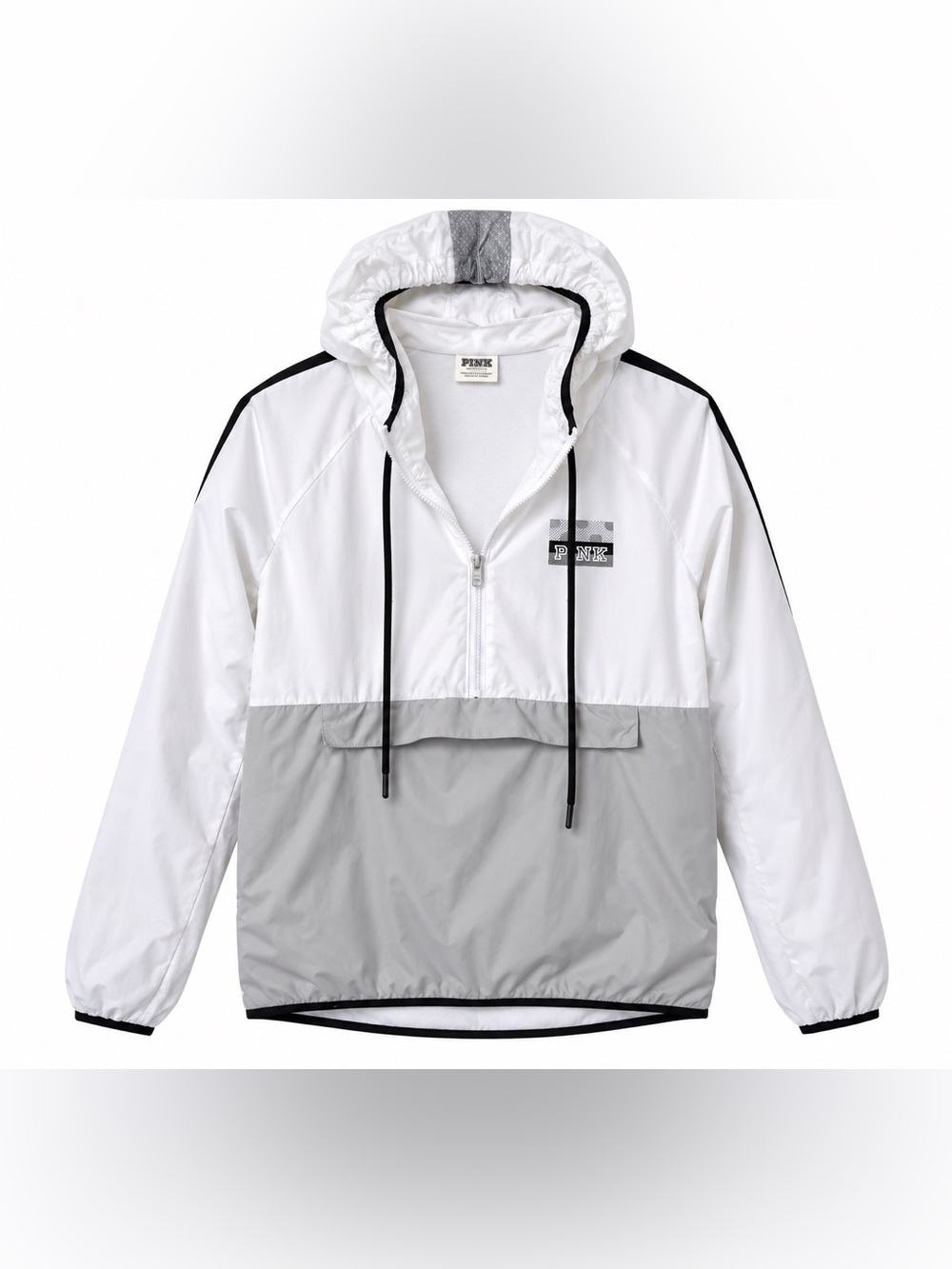 PINK Victoria's Secret White and Light Gray Half-Zip Hooded Windbreaker